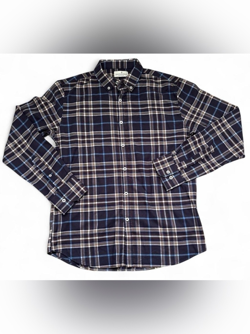 Chatham Road Men Medium Plaid Button Down Shirt Navy Blue Long Sleeve Western M